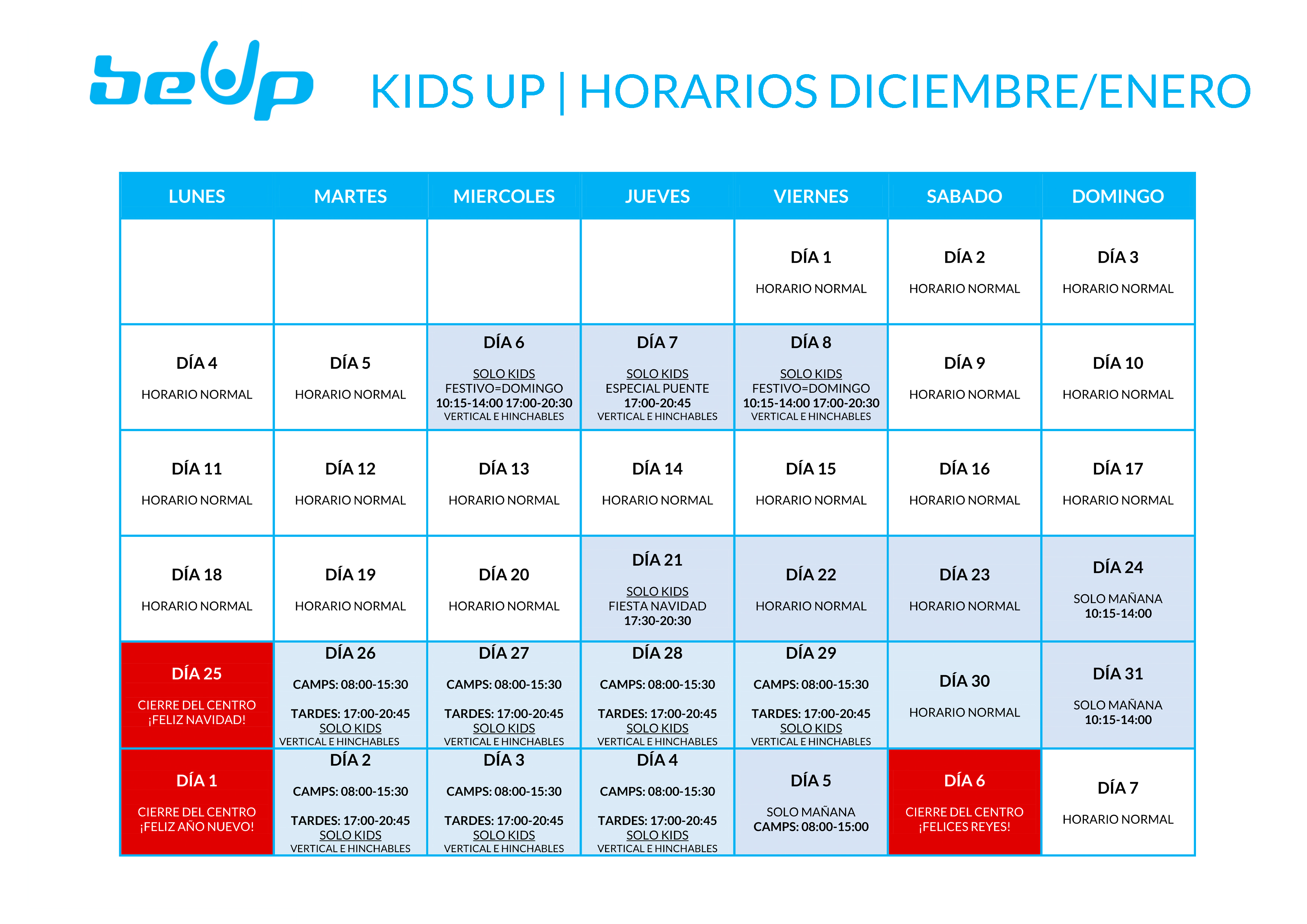 Horario Kids Ups de Navidad